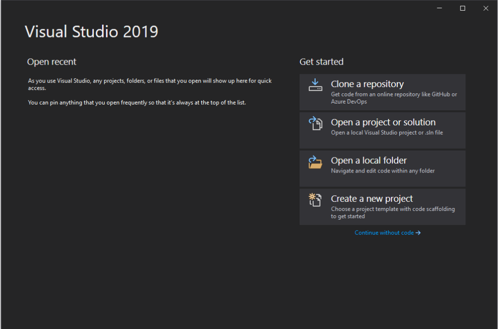 Visual Studio Start Window