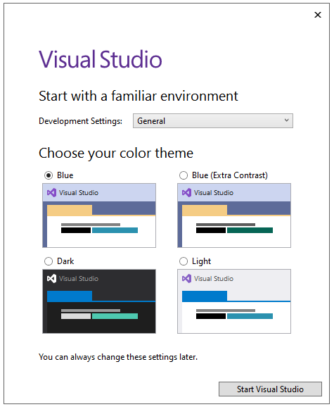 Visual Studio Theme Selection screen